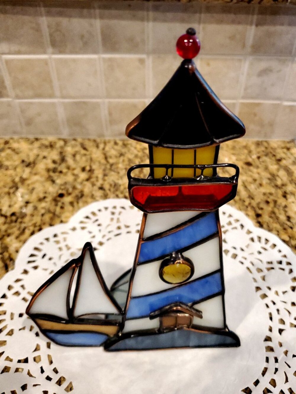 Stained Glass Lighthouse Votive Tea light Candle Holder Nautical Coastal Decor